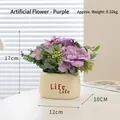 Lifelike purple artificial potted flower in a white ceramic pot labeled Life Life - Tea Language Purple - Life Potted Artificial Flower Ornament