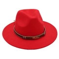 Detail of red wool felt fedora featuring leather band with metal feather and colorful beads - Red (Gold Feather)