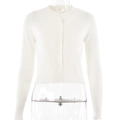 Detail of white knit cardigan showing button closure and ribbed cuffs texture - S / White