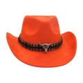 Bright orange wide brim cowboy hat with ethnic decorative band and silver bull skull accent - Orange