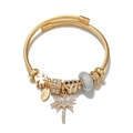 Golden stainless steel summer bracelet with sparkling heart and palm tree charms - Gold