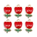 Detail of six red tulip flower pendants with green leaves and golden alloy frames - Large Red Tulip