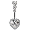 Macro shot of silver navel ring featuring stacked heart-shaped zircons on white background - Heart Style