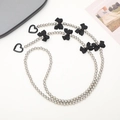 Silver bead crossbody phone chain strap with black bows and heart-shaped metal clasps - Crossbody Chain / Silver Beaded Bow Style (K620)
