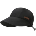 Women's black short brim sun hat with handmade leather label and adjustable drawstring - Black