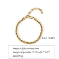 Golden 4mm stainless steel twist rope chain bracelet with adjustable lobster clasp closure - 4mm / Gold