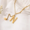Golden titanium steel necklace with letter N pendant and small cube charm on a delicate chain - Gold Initial N (8847)