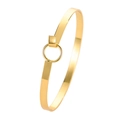 Minimalist golden flat band open bangle featuring a polished mirror finish and round clasp - Flat Round Buckle / KC Gold