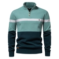 Détail du col montant zippé et de la texture en maille du pull en tricot pour hommes - S / Bloc de Couleur Vert Lac