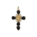 Cross necklace pendant in gold with black pear-cut stones and saint relief detail - Black