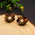 Ethnic flower earrings with natural pearl and tiger eye stone petals in gold finish - Tiger Eye Flower Studs (Dark Brown/Tiger Eye)