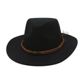 Detail of western wool felt hat with woven brown band and vintage bronze star emblem - One Size / Black