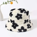 Winter plush bucket hat with black floral pattern and warm faux fur material for daily wear - One Size / Black and White Mixed