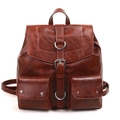 Retro red-brown faux leather backpack with vintage buckle flap and small front pockets - Brown