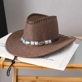Dark brown western cowboy straw hat with turquoise beaded band and chin strap - Brown