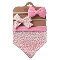 Three-piece baby set including cotton floral bib and matching bow headbands on display card - Pink Floral