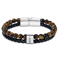 Macro shot of double-layer men's bracelet with tiger eye beads and leather cord - 1 Name / Tiger's Eye