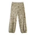 Women's vintage gold velvet wide-leg lounge pants with tapered ankle cuffs on white background - XS / Lantern Pants
