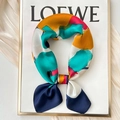 Silk square scarf featuring abstract orange and blue color blocks in a knotted style - 70x70cm / Mottled Blocks-Navy Frame