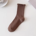 Brown mid-calf cotton socks with lettuce edge trim and vertical ribbed knit texture - One Size / Dark Coffee