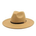 Detail of khaki wool fedora hat featuring a thin black leather band and gold chain buckle - M (56-58cm) / Camel