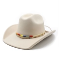Klassischer beige Filz-Cowboyhut mit bunt gewebtem Band für Damen und Herren - Beige