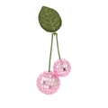 Detailed close-up of pink disco ball cherry ornament with green leaves and mirror finish - 3+4cm Pink