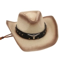 Detailed macro of woven straw cowboy hat featuring a silver bull head metal relief and studs - Beige Brown (Black Bull)