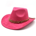 Vue détaillée du chapeau de cowboy en daim rose avec lanière en cuir brun et perles dorées - M(56-59CM) / Rose Rouge (Daim)