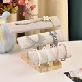 Three-tier wood jewelry display stand with beige velvet bars for watches and bracelets - 3-Tier Solid Wood Bracelet Stand-Ice Grey Velvet