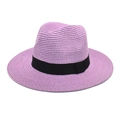 Close-up of a purple straw panama hat with a wide black grosgrain ribbon detail - Taro Purple