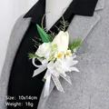 White tulip and rose wedding boutonniere on a gray suit jacket, 10x14cm size - Tulip Boutonniere Style 3