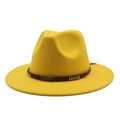 Detail of yellow fedora hat showing textured brown band with metal studs and brass buckle - M(56-58cm) / Yellow