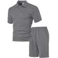 Men's grey waffle knit polo shirt and drawstring shorts set with textured jacquard - Marl Grey