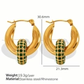 Gold plated stainless steel hoop earrings with green rhinestone pave accent ring - EH268 Green Zircon Gold Hoop Earrings