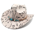Detail eines beigen Cowboyhuts mit Vogeldruck und böhmischem Perlen-Flechtband - M (56-58cm) / Beige Zylinder