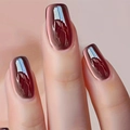 Uñas postizas ojo de gato color burdeos brillante en forma cuadrada larga metálica - Estilo Metal Cromo Rojo Marrón (CW620) / Pegamento de Gelatina + Lima de Uñas