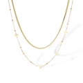 Double-layered gold plated stainless steel necklace with snake chain and crescent moon pendant - Gold