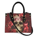 Halloween skull and red rose pattern digital print PU leather handbag with shoulder strap - Dark Red Rose Sugar Skull - Black Strap