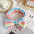 Pink yellow blue striped plush headband with large bow for face washing and makeup - Pink Yellow Blue Stripe