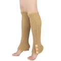 Close-up of khaki ribbed knit leg warmers featuring three decorative wooden buttons - One Size / Camel