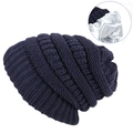 Winter-Strickmütze in Dunkelblau mit glattem weißem Satinfutter für Haarschutz - Marineblau