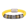 Bracelet tressé en cuir jaune pour hommes avec fermoir magnétique en métal et perles - Jaune