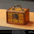 Brown vintage small wooden jewelry box with lattice carving and bronze metal handle - Small Square Box With Grid Pattern - Brown