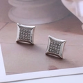 Macro shot of silver square stud earrings featuring micro-paved crystal zircons - D22 Silver Micro Pave Square