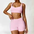Γυναικείο σετ γιόγκα χωρίς ραφές σε baby pink με ψηλόμεσο σορτς και αθλητικό σουτιέν - S / Σουτιέν + Σορτς / Ροζ Σακούρα
