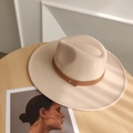 Detailed close-up of a beige wool felt fedora featuring a slim brown leather band - Adjustable / Beige