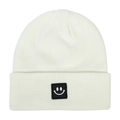 Detail of white ribbed knit beanie featuring a black square woven patch with a smiley face - Soft White
