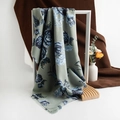 Greyish green cashmere-feel scarf with elegant blue rose prints and fringe edges - Rose Green