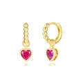 Luxurious S925 silver needle heart-shaped red gemstone hoop earrings in gold finish - Beaded Heart Red Gemstone Hoop / Gold/Magenta